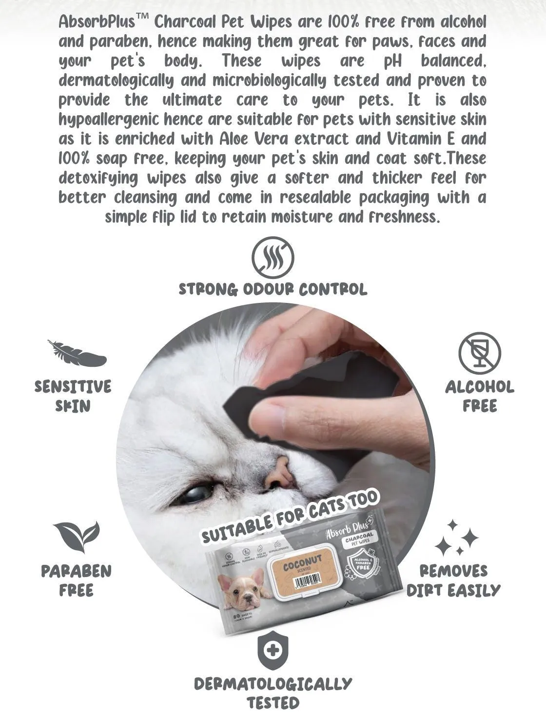 Absorb Plus Charcoal Pet Wipes - Floral (80pcs) | Alcohol & Paraben Free