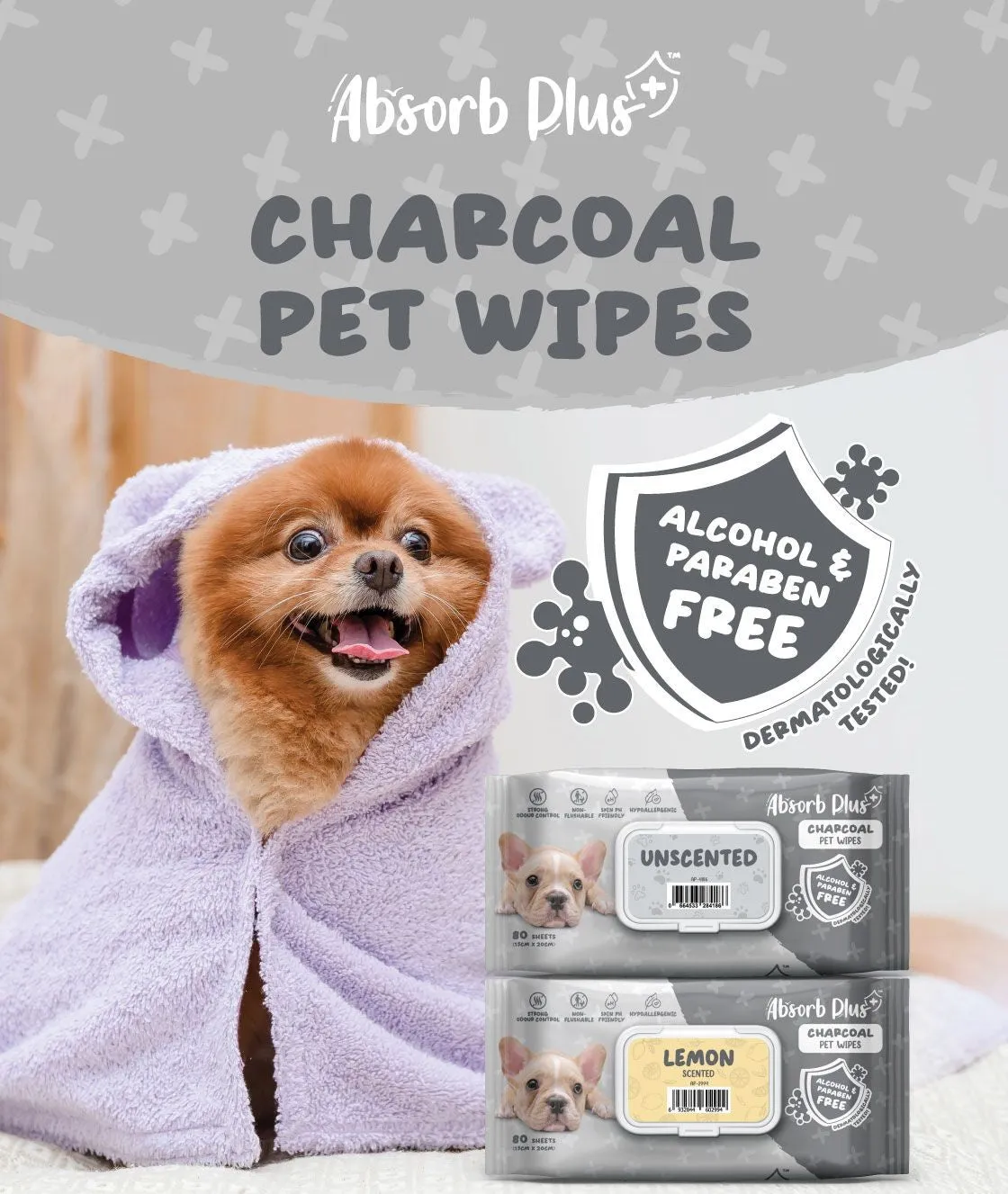 Absorb Plus Charcoal Pet Wipes - Floral (80pcs) | Alcohol & Paraben Free