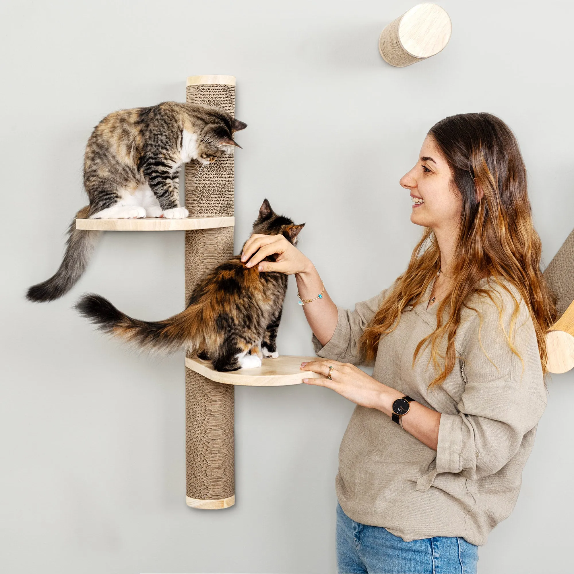 Ascentials by FurHaven Sunrise Steps Cat Post with Perches (34”), Wall-Mounted Customizable Climbing Shelves with Corrugated Cardboard for Scratching