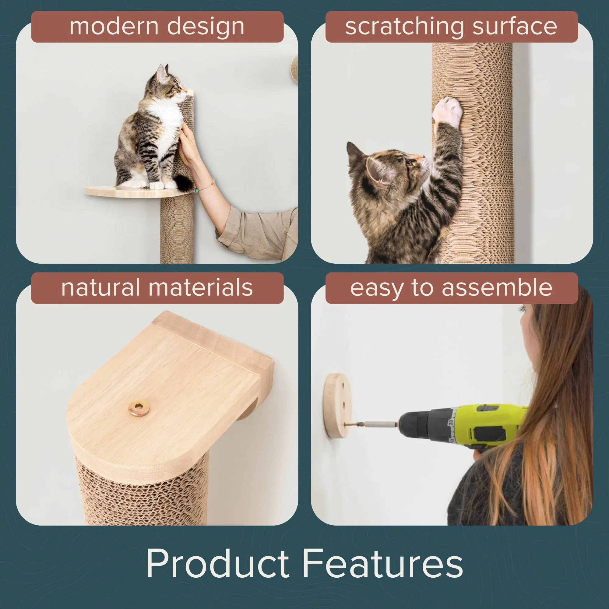 Ascentials by FurHaven Sunrise Steps Cat Post with Perches (34”), Wall-Mounted Customizable Climbing Shelves with Corrugated Cardboard for Scratching