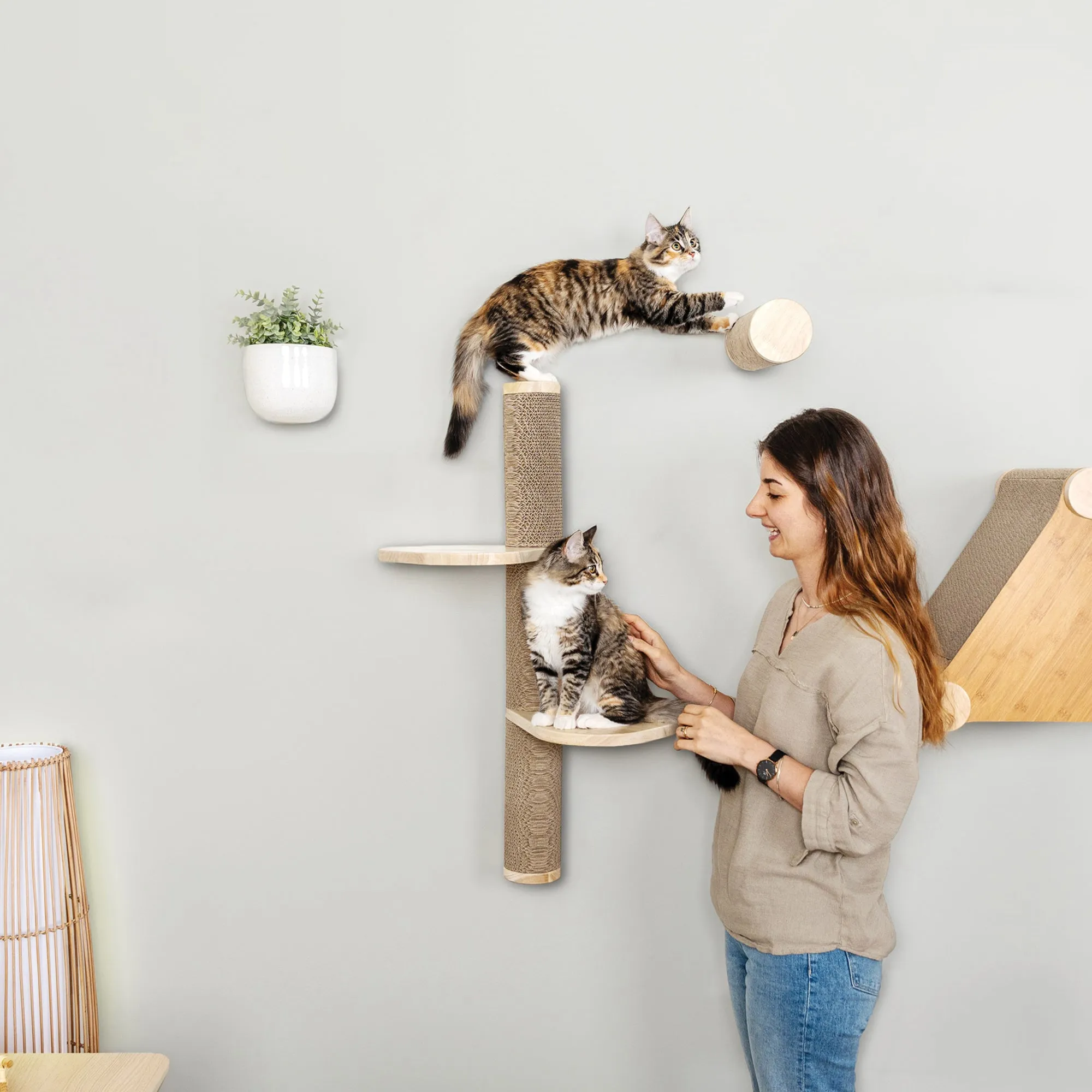 Ascentials by FurHaven Sunrise Steps Cat Post with Perches (34”), Wall-Mounted Customizable Climbing Shelves with Corrugated Cardboard for Scratching