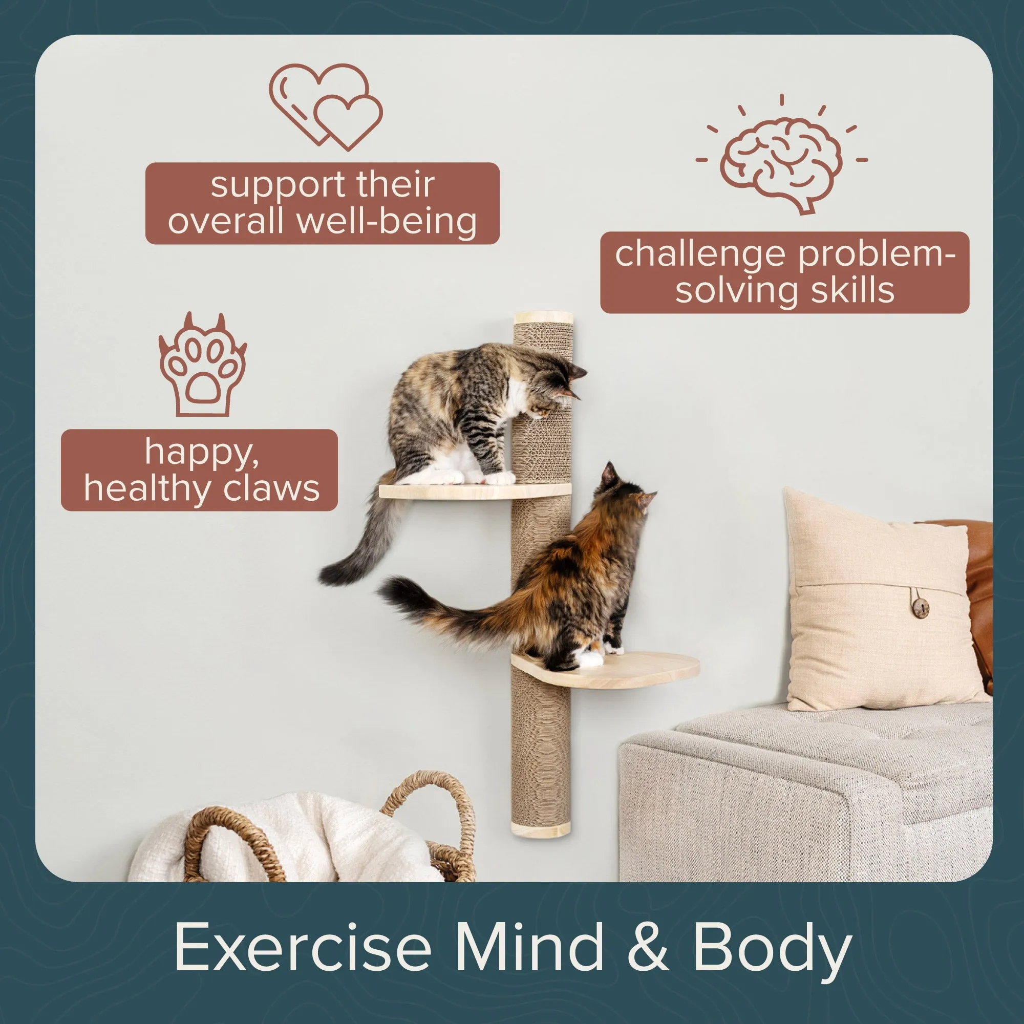 Ascentials by FurHaven Sunrise Steps Cat Post with Perches (34”), Wall-Mounted Customizable Climbing Shelves with Corrugated Cardboard for Scratching