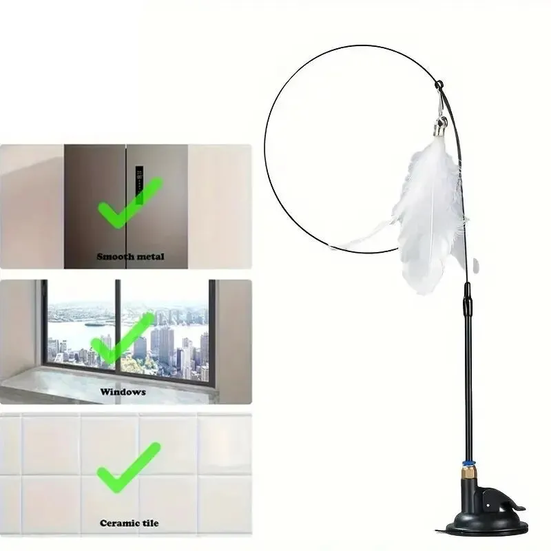 Cat Toy Teaser Stick With Bell Feather, Long Rod with Suction Cup