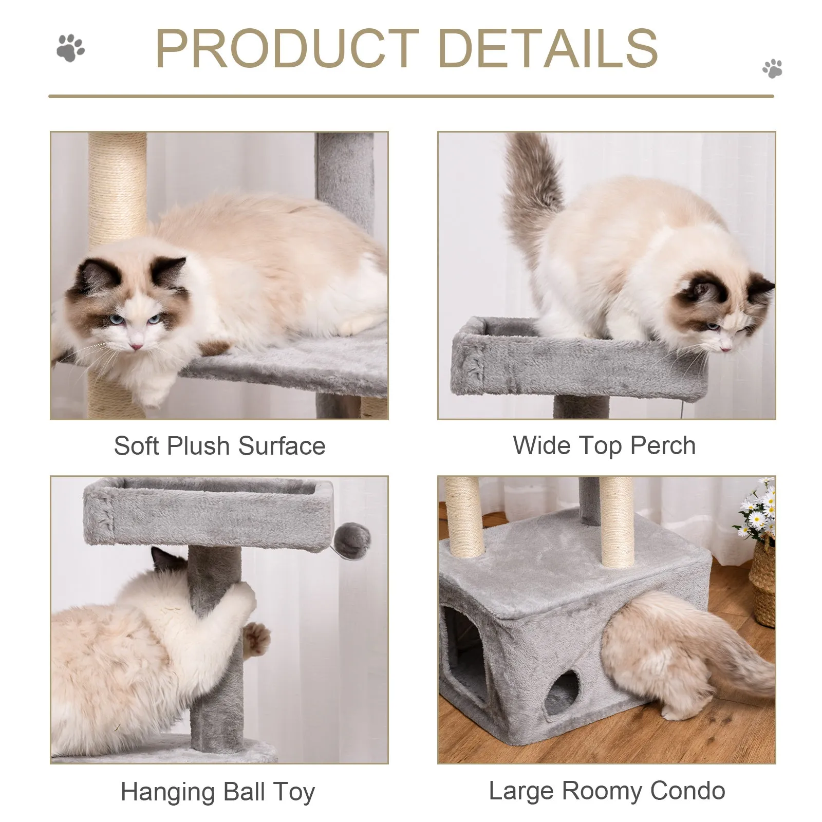 PawHut Cat Tree Kitten Tower w/ Sisal Scratching Post Condo Plush Perches Hanging Ball