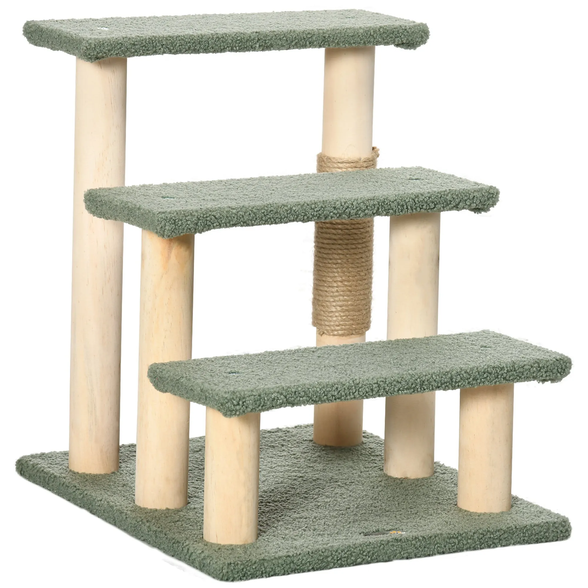 PawHut Dog Steps for Bed 3 Step Pet Stairs Cat Tree Tower w/ Jute Toy Ball Green