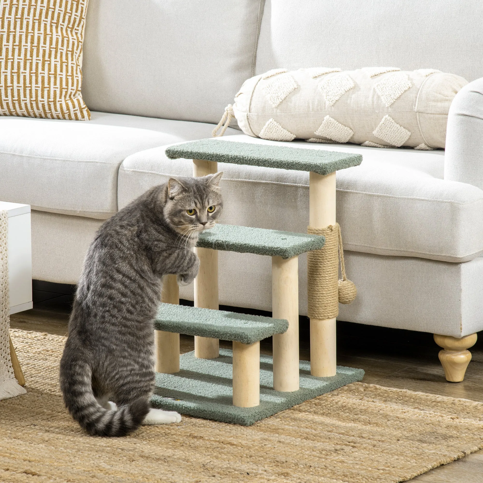 PawHut Dog Steps for Bed 3 Step Pet Stairs Cat Tree Tower w/ Jute Toy Ball Green