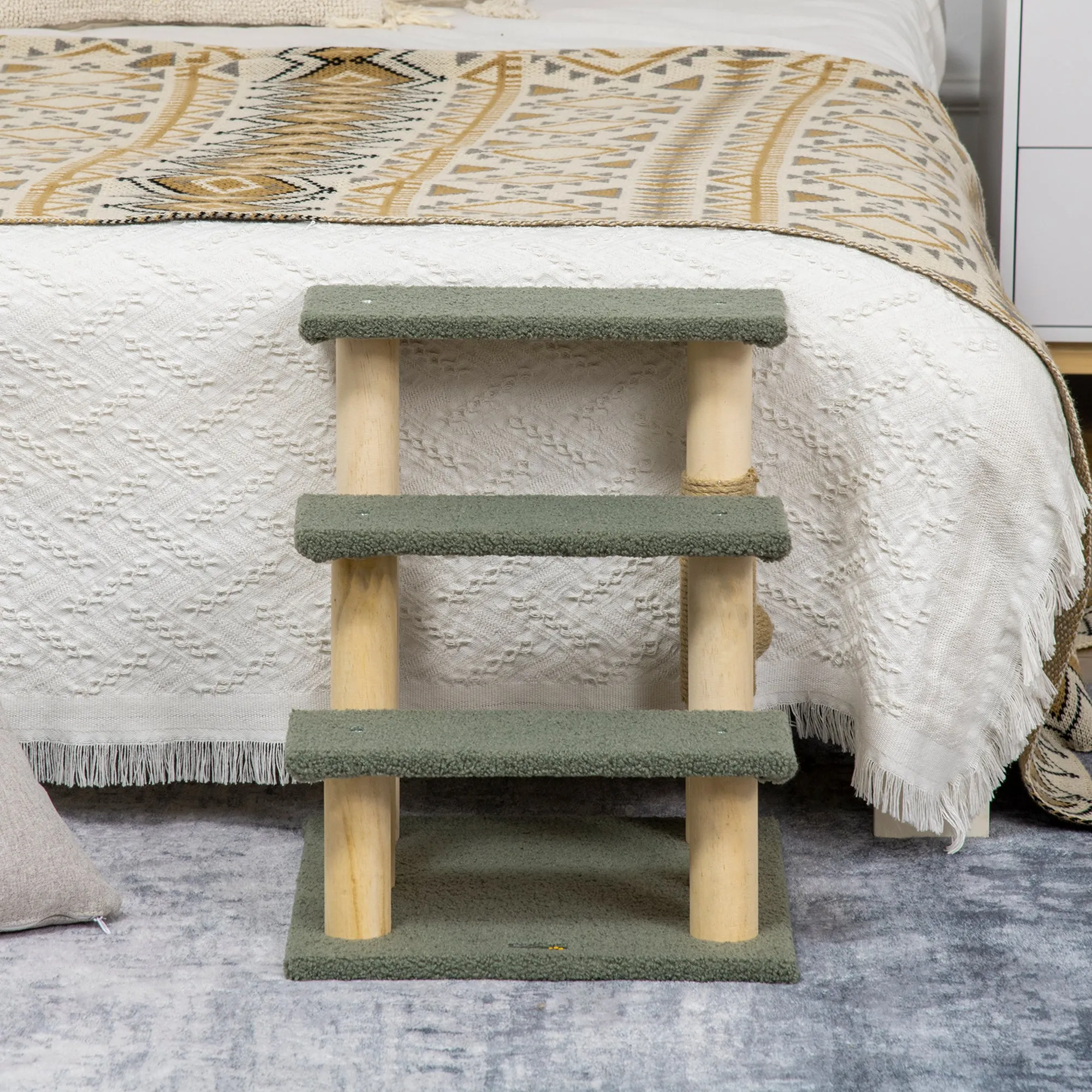 PawHut Dog Steps for Bed 3 Step Pet Stairs Cat Tree Tower w/ Jute Toy Ball Green
