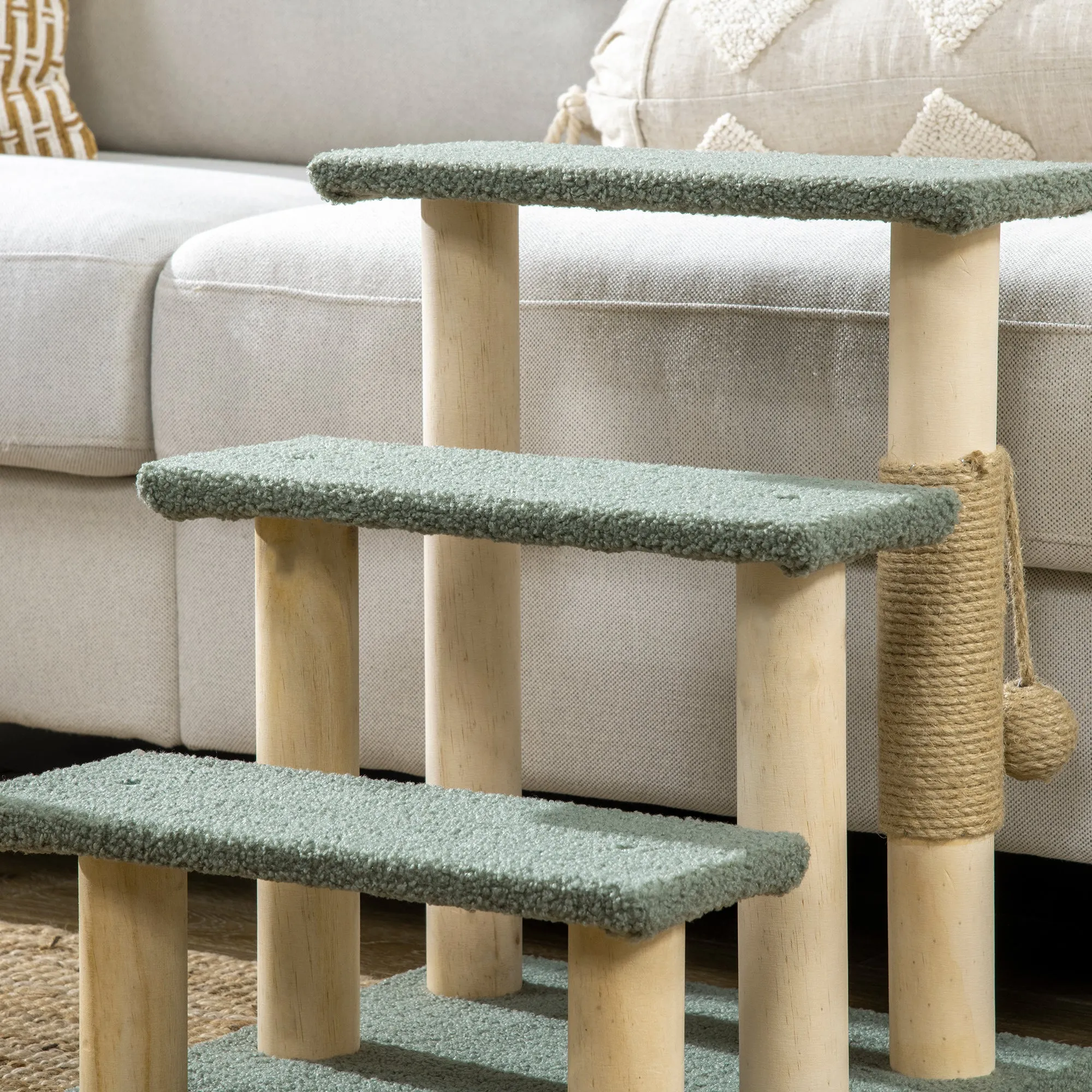 PawHut Dog Steps for Bed 3 Step Pet Stairs Cat Tree Tower w/ Jute Toy Ball Green