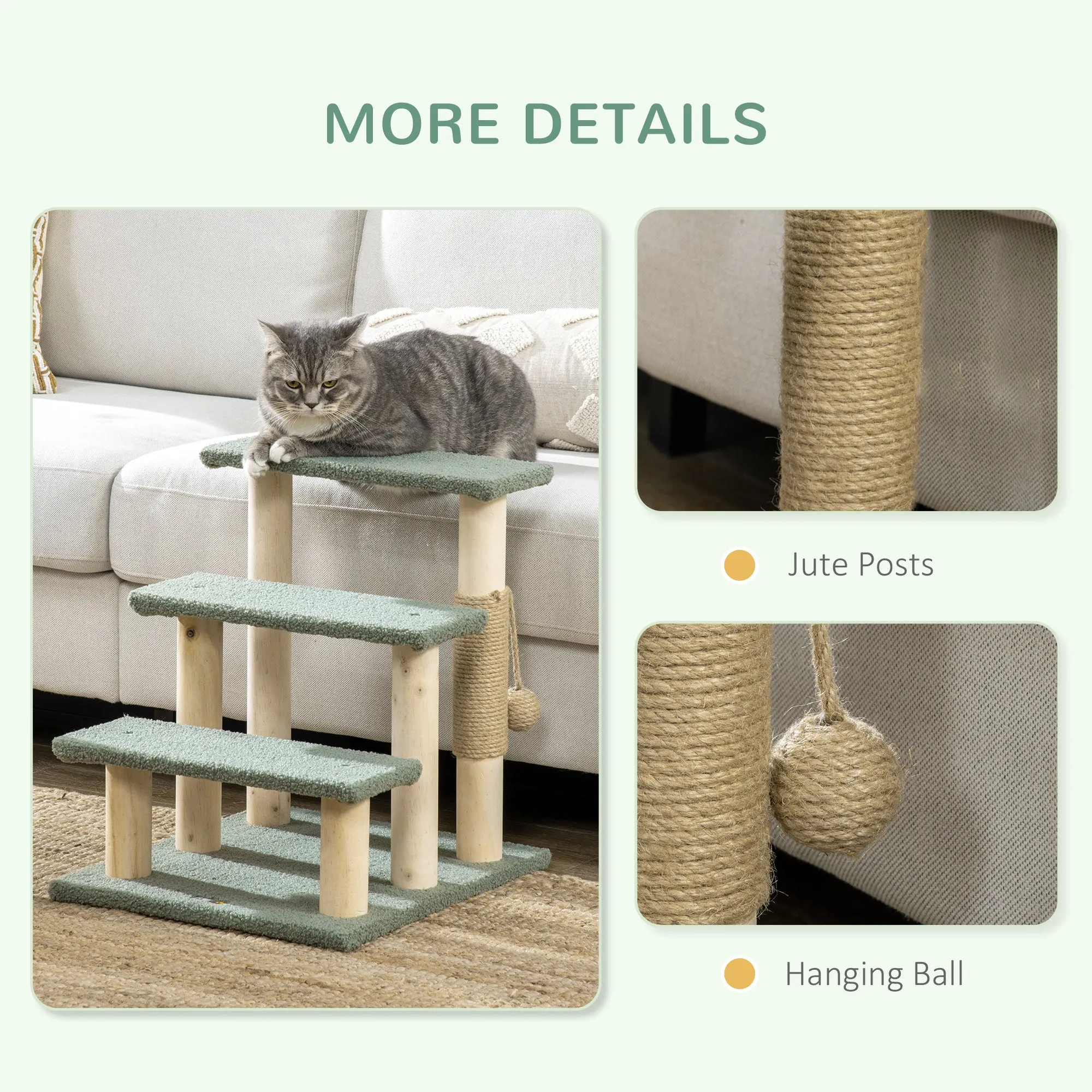 PawHut Dog Steps for Bed 3 Step Pet Stairs Cat Tree Tower w/ Jute Toy Ball Green