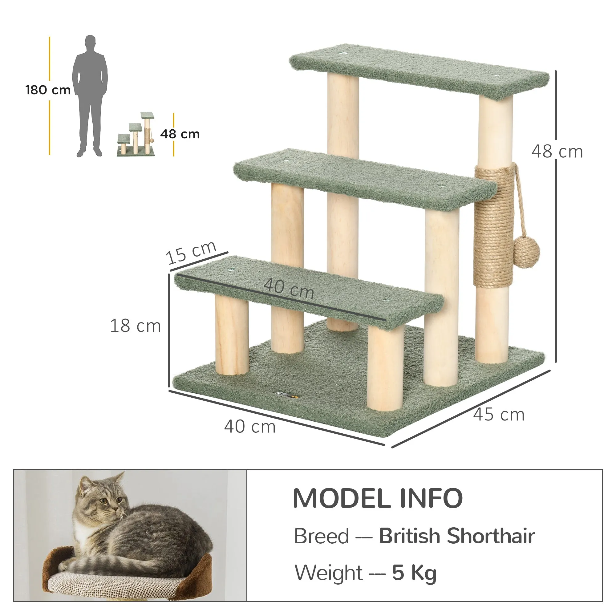 PawHut Dog Steps for Bed 3 Step Pet Stairs Cat Tree Tower w/ Jute Toy Ball Green