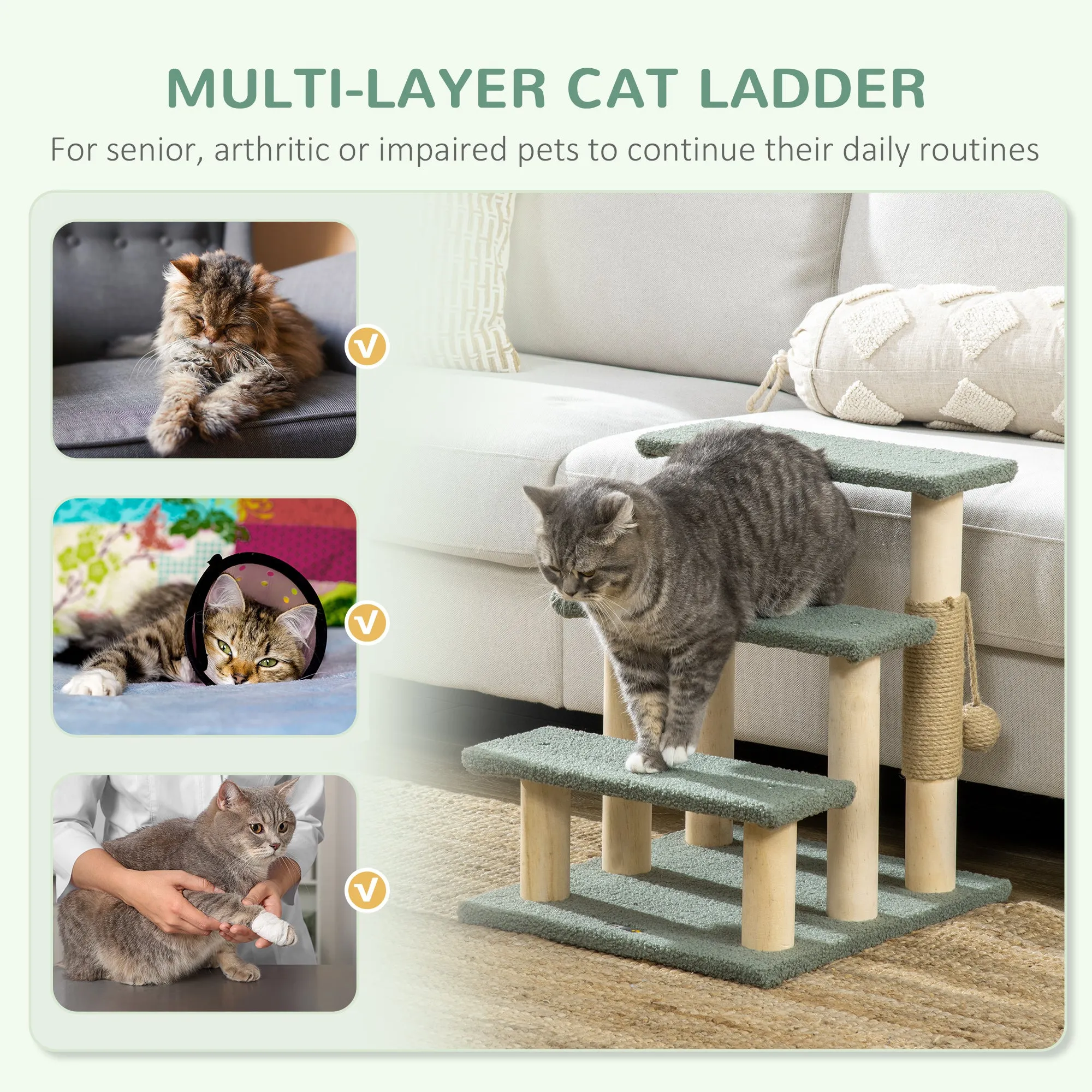 PawHut Dog Steps for Bed 3 Step Pet Stairs Cat Tree Tower w/ Jute Toy Ball Green