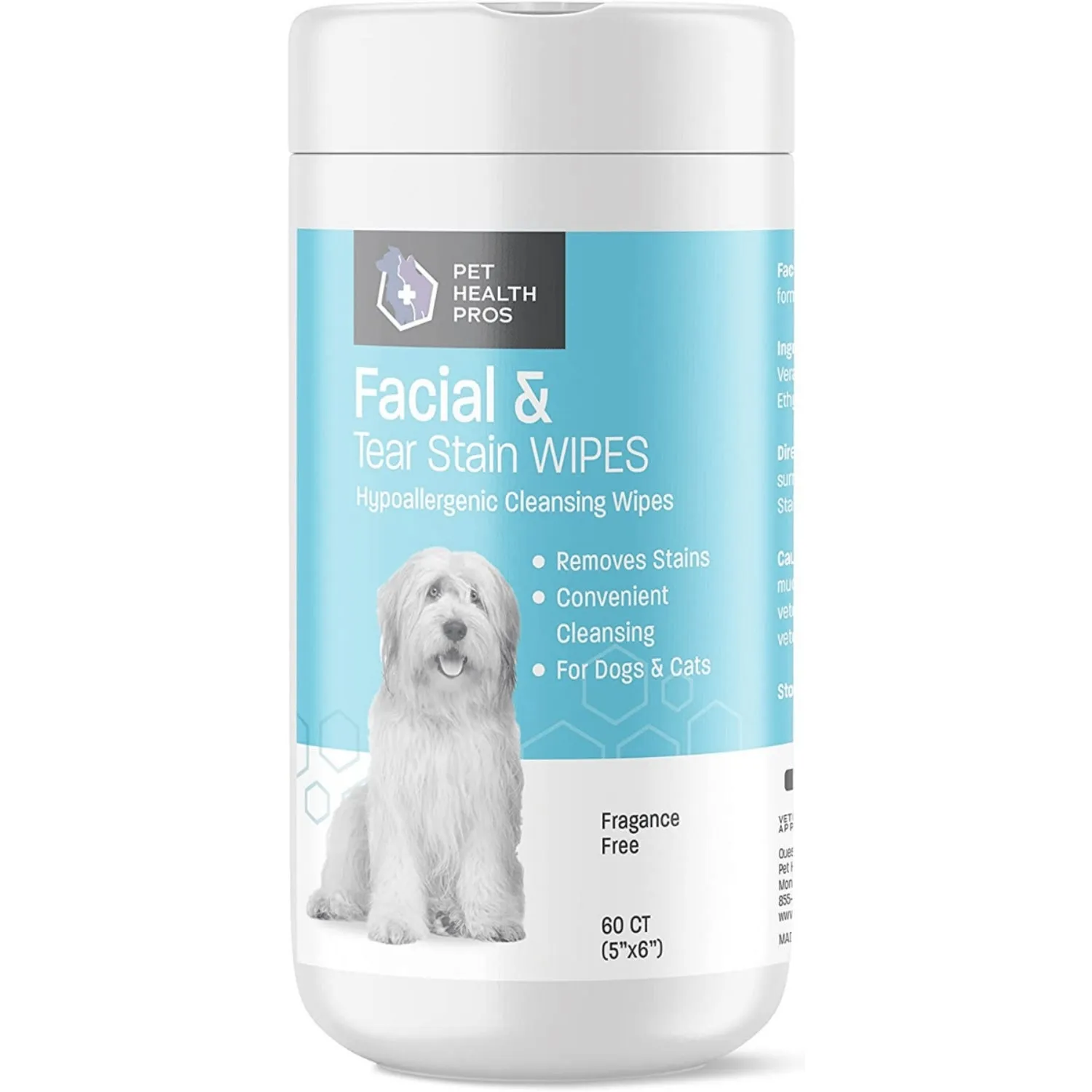 Pet Health Pros Dog and Cat Eye Wipes; Tear Stain Remover; Hygienic and Fragrance-Free; Usage for All Breeds; Pack of 60; White